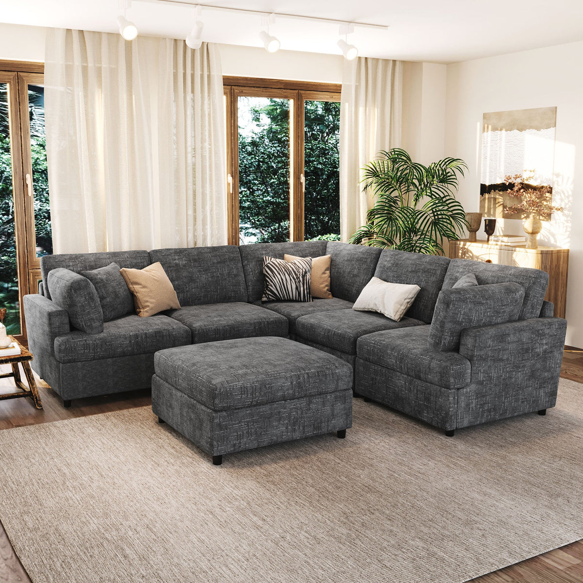 Roomfitters 127" U-Shaped Sectional Sofa, Modern Modular L-Shaped Couch with Movable Ottoman for Living Room, Grey Roomfitters