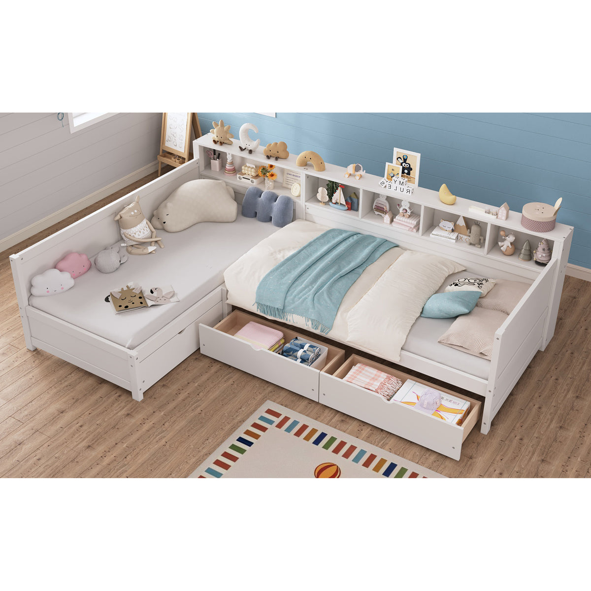 variant-group:rf-n733s369272k|Roomfitters Twin L-Shaped Daybed for 2 with 3 Storage Drawers, Wooden Corner Bed Frame with Bookshelf for Bedroom, White