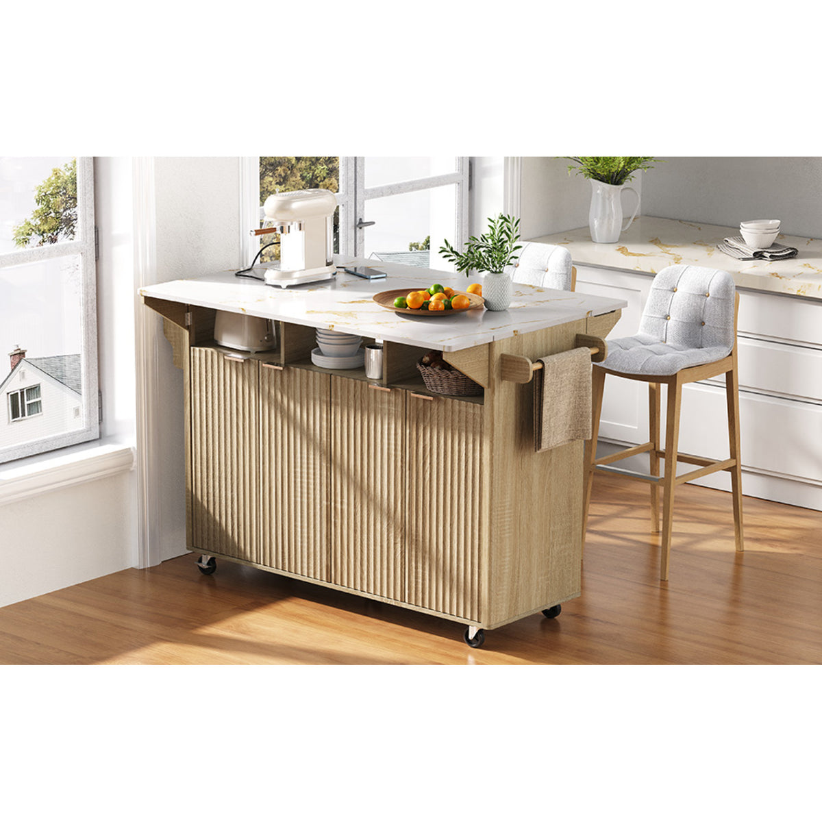 variant-group:rf-n707p353934y|Roomfitters 55.5" Fluted Kitchen Island with Double Drop Leaf, Natural Storage Cart with Power Outlet & Faux Marble Top