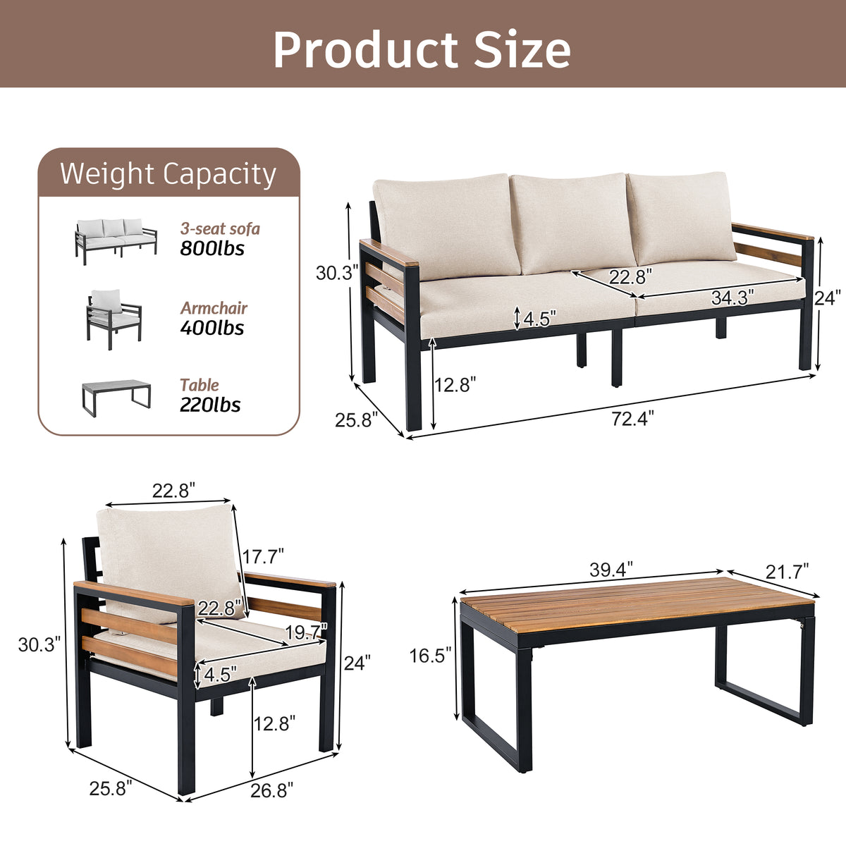 variant-group:rf-n704f201246a|Roomfitters 4-Piece Outdoor Patio Furniture Set with 3-Seater Sofa, 2 Armchairs and Coffee Table, Wood Accents, Beige