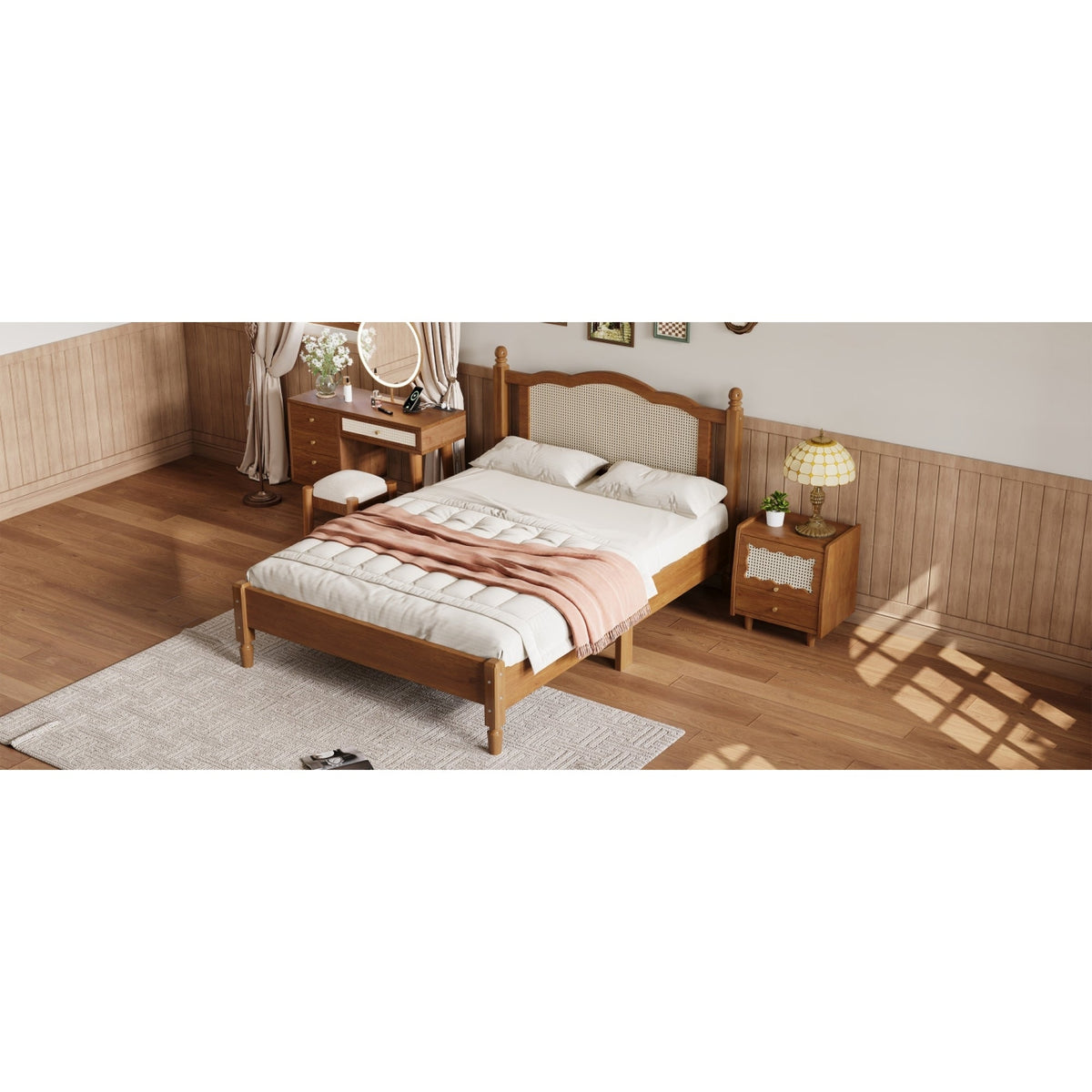 Roomfitters Full Size Wooden Platform Bed with Natural Rattan Headboard, Durable Vintage Bed Frame with Sturdy Wooden Slat Support for Rustic Sophistication, Walnut