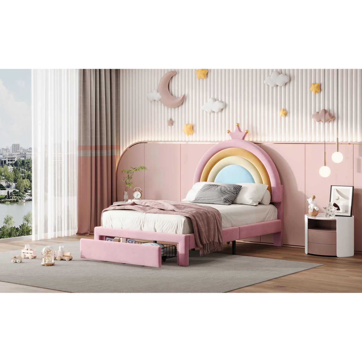 variant-group:rf-n733p234606h|Roomfitters Twin Size Upholstered Rainbow Design Bed, Velvet Princess Platform Bed with Storage Drawer, No Box-spring Needed, Colorful & Pink