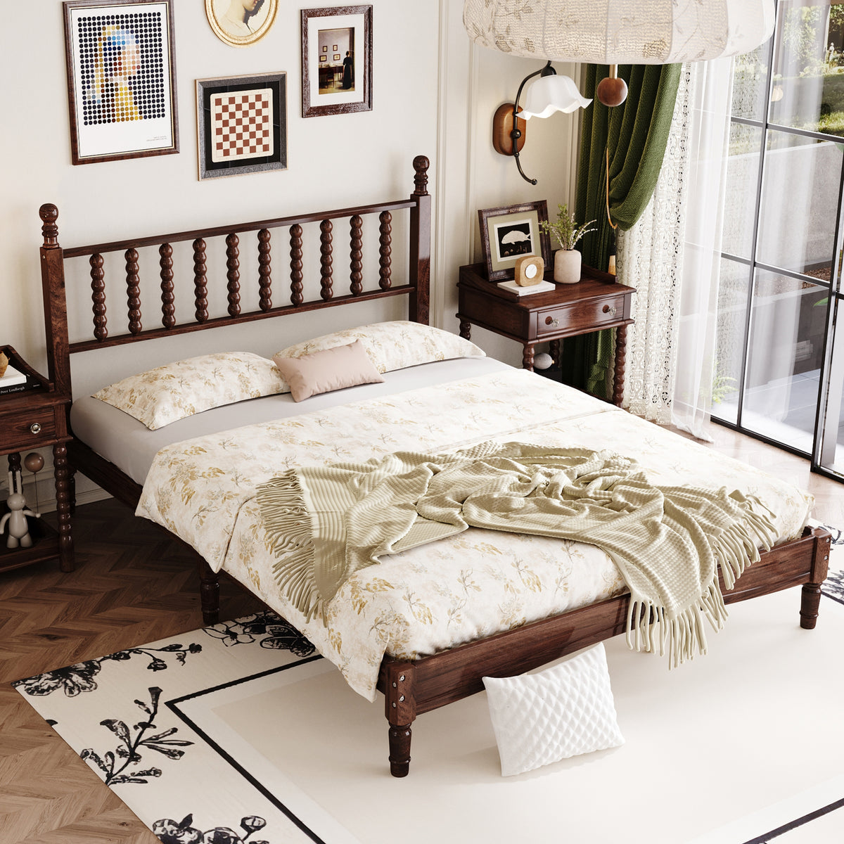 variant-group:rf-n733p206242d|Roomfitters Queen Size Wood Platform Bed with Gourd Shaped Headboard, Retro Style Platform Bed with Wooden Slat Support, Walnut
