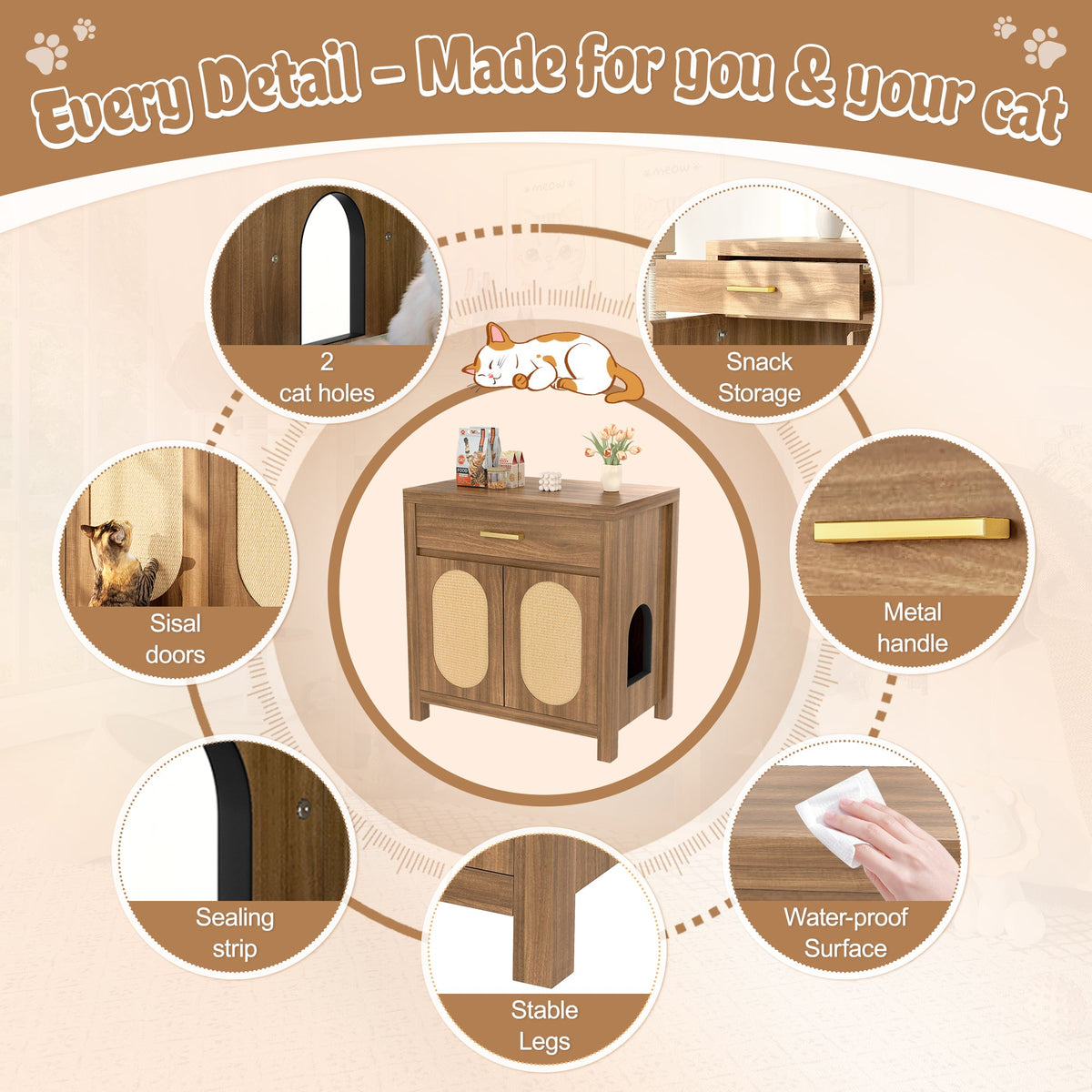 Roomfitters Espresso Cat Litter Box Enclosure End Table Nightstand with Sisal Scratching Pad Cabinet Doors Roomfitters
