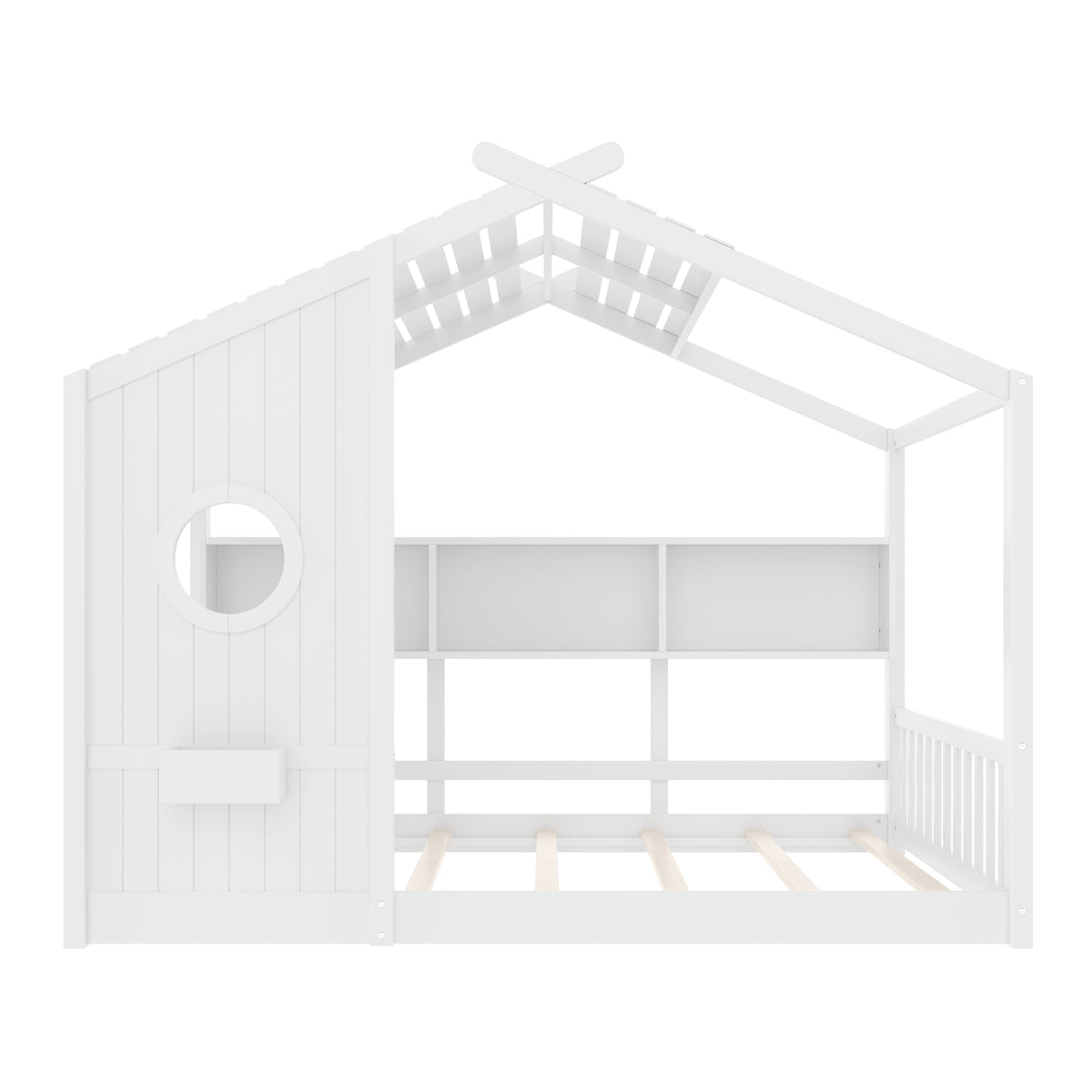 variant-group:rf-n733p335068k|Roomfitters Full Size Floor House Bed with Storage Shelf and Roof Design, Montessori Playhouse Bed, White