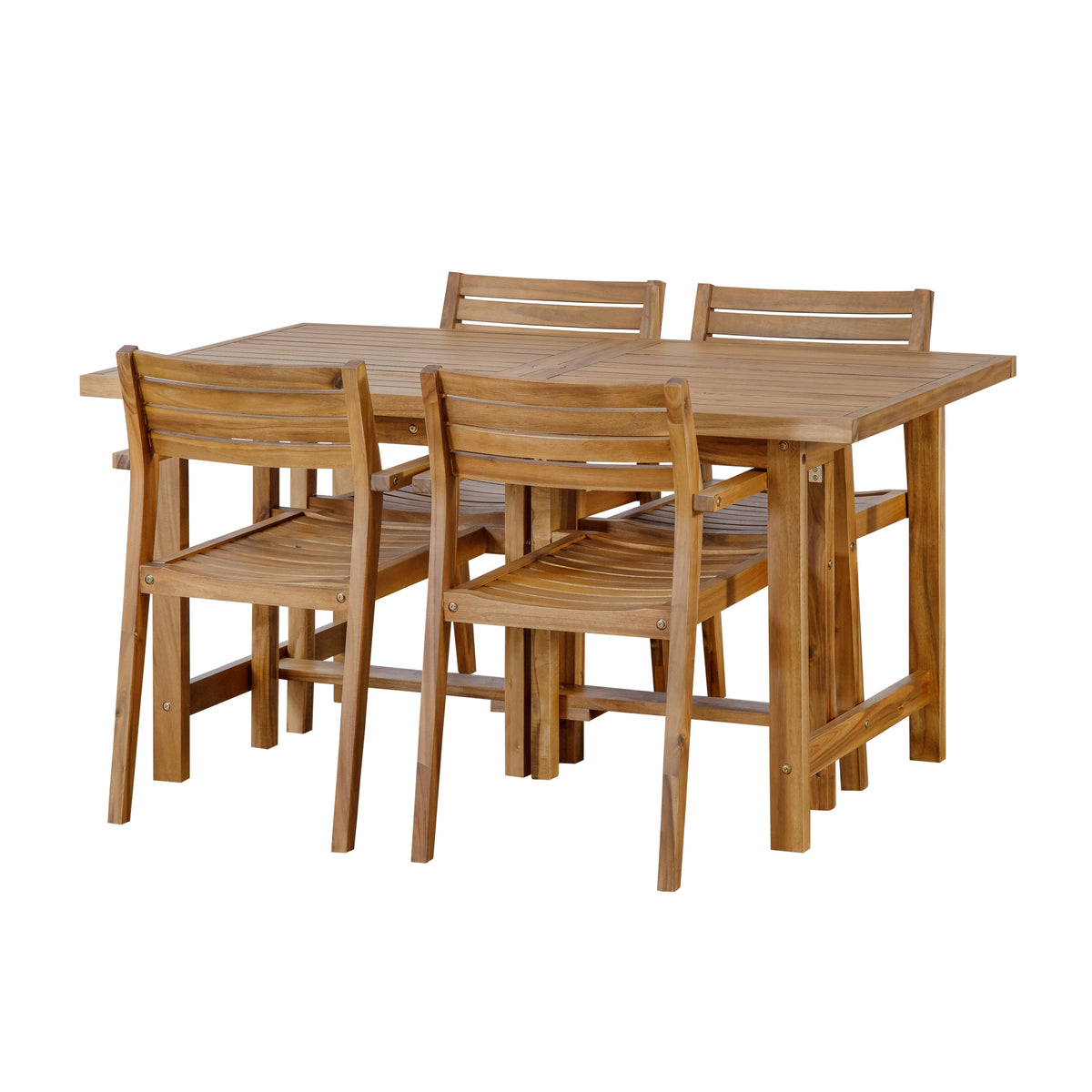variant-group:rf-n711wy000477aao|Roomfitters Farmhouse 5-Piece Outdoor Dining Set for 4, 59-Inch Rectangular Table, Umbrella Hole, Natural Wood Patio