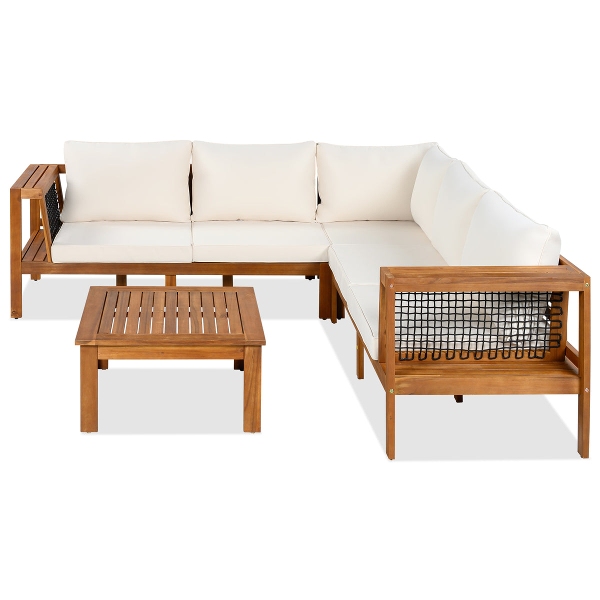 variant-group:rf-n704f201249n|Roomfitters 4-Piece Outdoor Sectional Sofa Set with Coffee Table and Built-in Side Shelves, Wood Frame, Beige+Teak