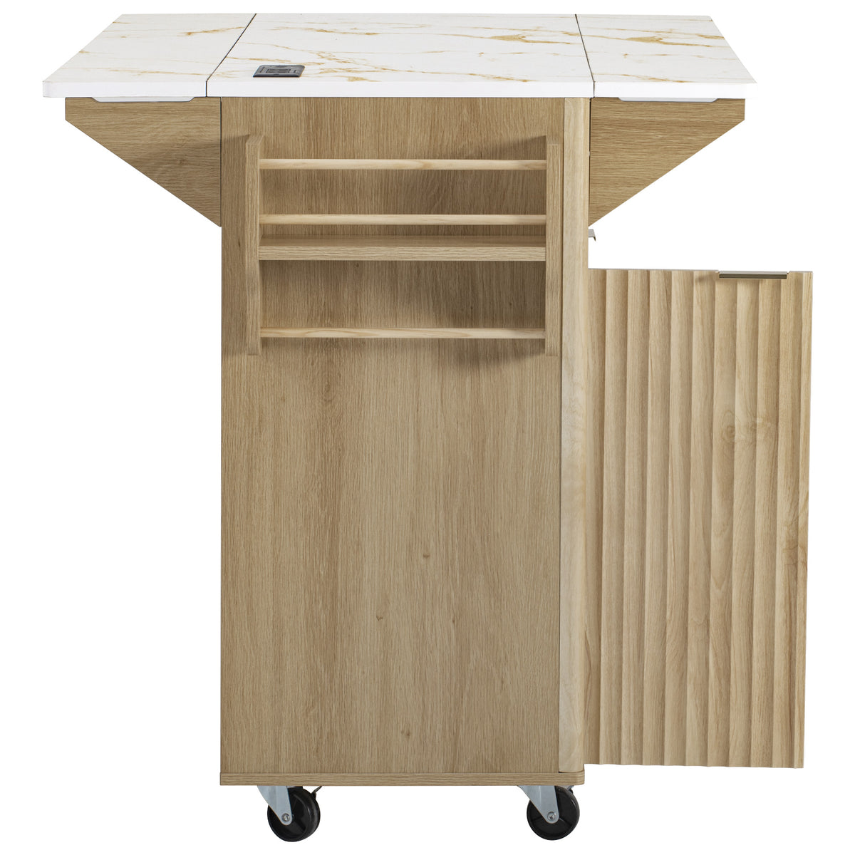 variant-group:rf-n707p353934y|Roomfitters 55.5" Fluted Kitchen Island with Double Drop Leaf, Natural Storage Cart with Power Outlet & Faux Marble Top