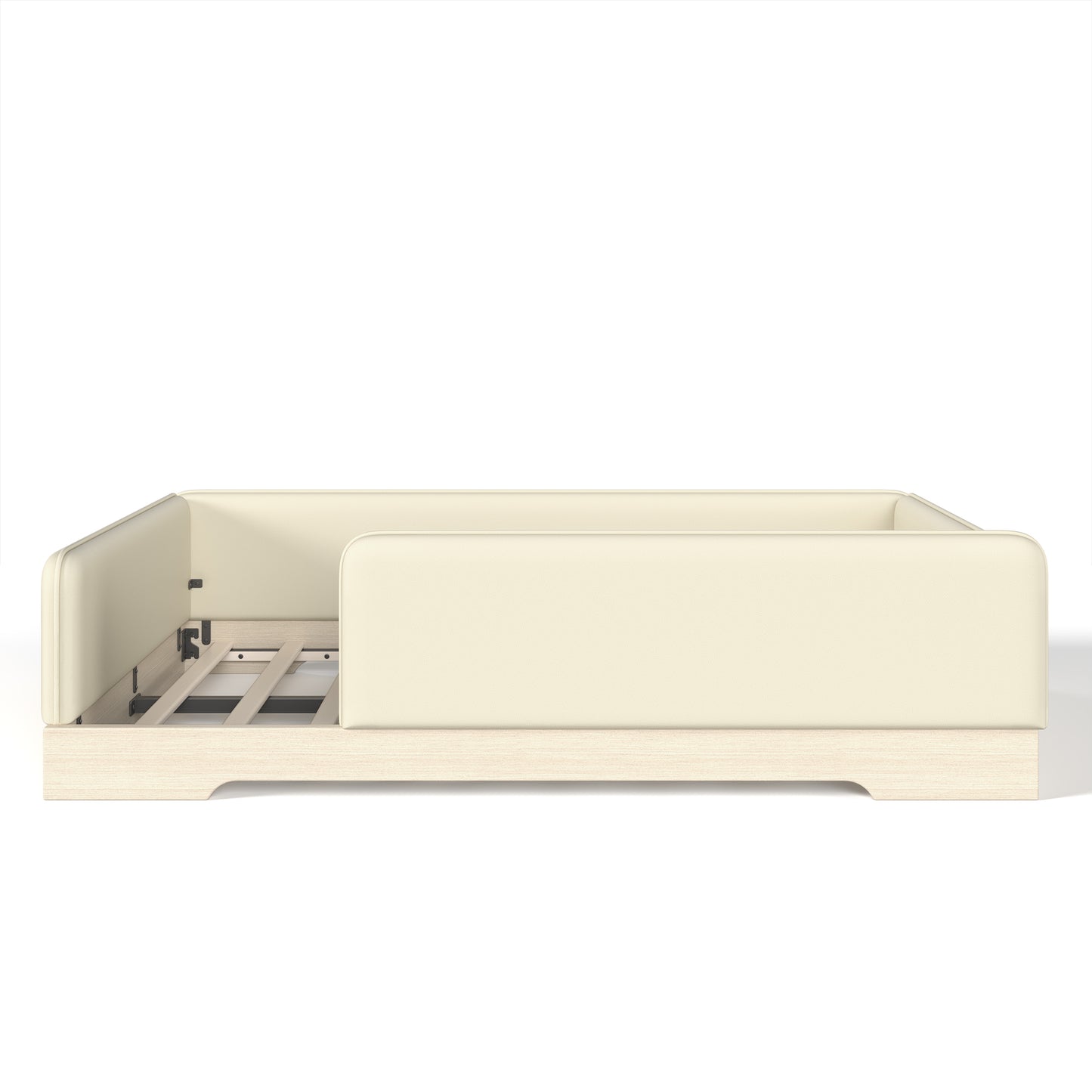 variant-group:rf-w1580s00671|Roomfitters Full Size Upholstered Floor Bed Frame with Removable Guardrails, Faux Leather Low Profile Platform, Beige