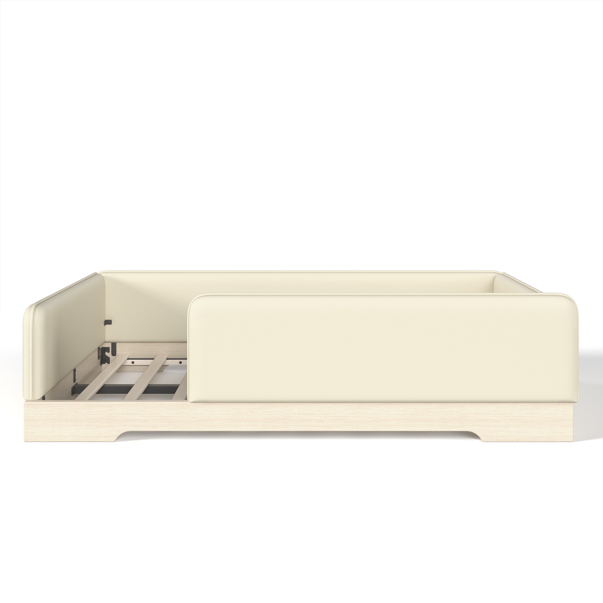 variant-group:rf-w1580s00671|Roomfitters Full Size Upholstered Floor Bed Frame with Removable Guardrails, Faux Leather Low Profile Platform, Beige