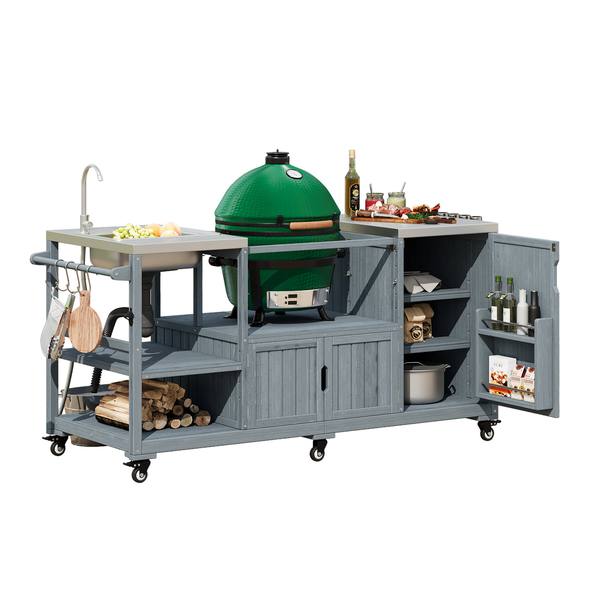 variant-group:rf-n707s000022g|Roomfitters 75.4" Outdoor Kitchen Island with Sink, Fir Wood Grill Cart for XL Green Egg & Tabletop Grills, Grey Blue