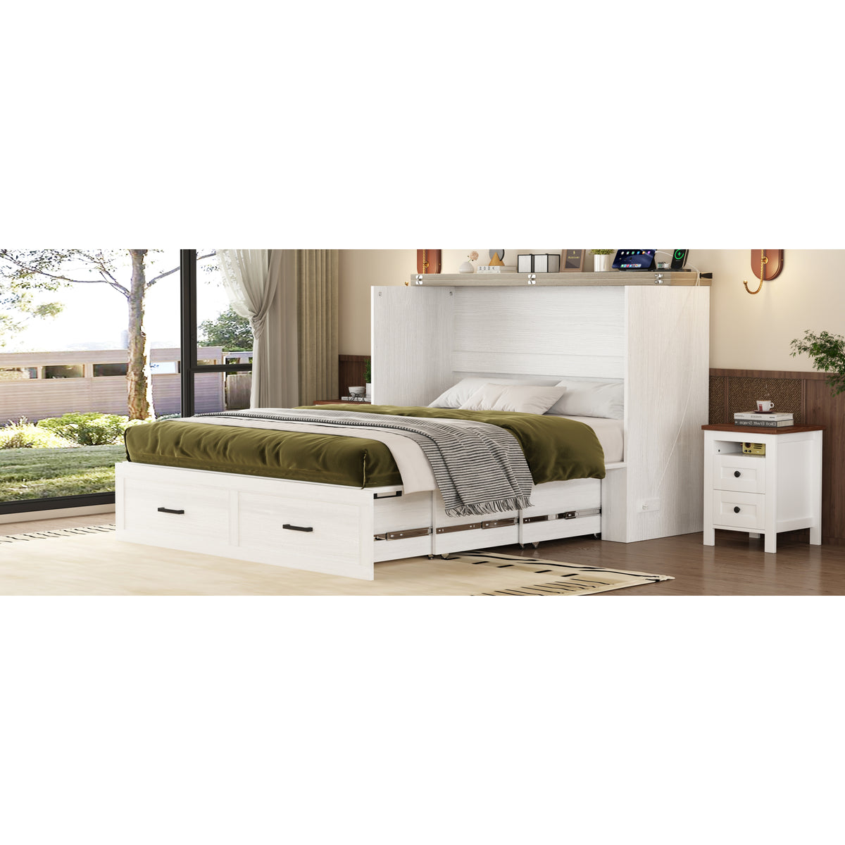 variant-group:rf-n733s361778w|Roomfitters Queen Farmhouse Murphy Cabinet Bed with Charging Station, Foldable Platform Bed with Storage Drawer, White
