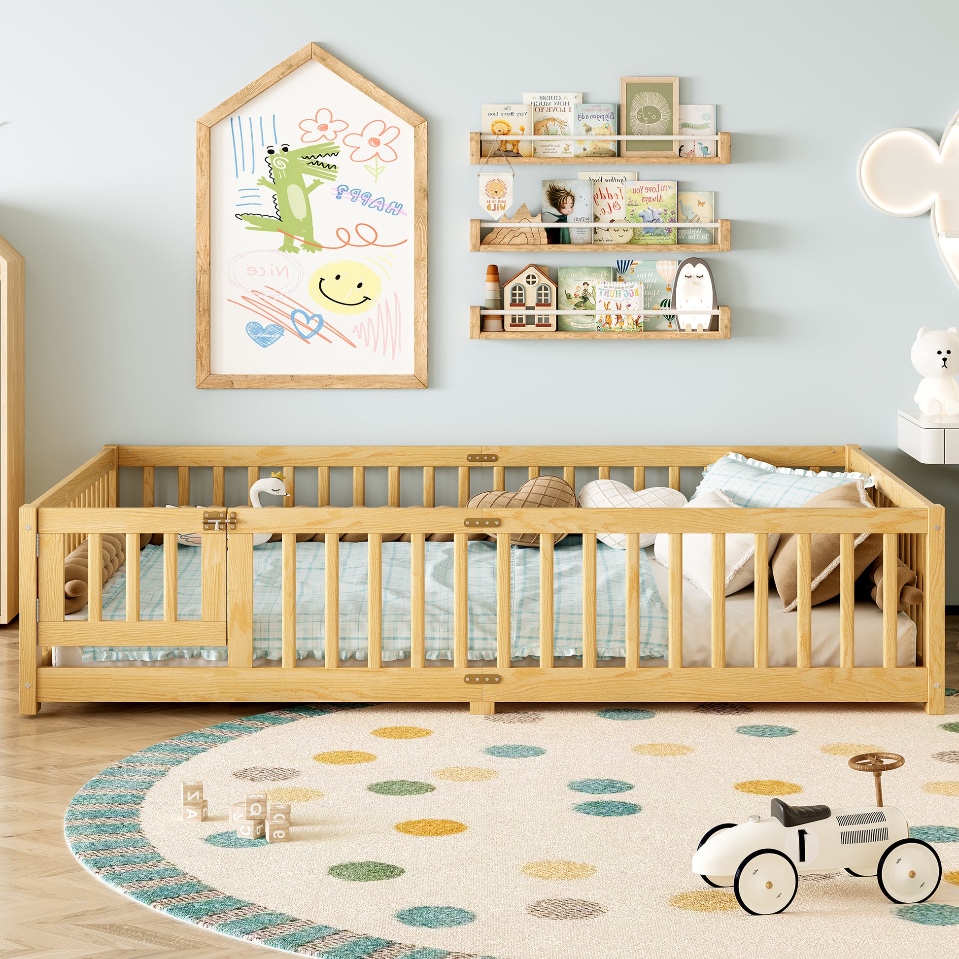 variant-group:rf-w1580p338954|Roomfitters Wooden Queen Floor Bed Frame with Door & Safety Guardrails, Low Platform Design for Bedroom or Playroom, Natural