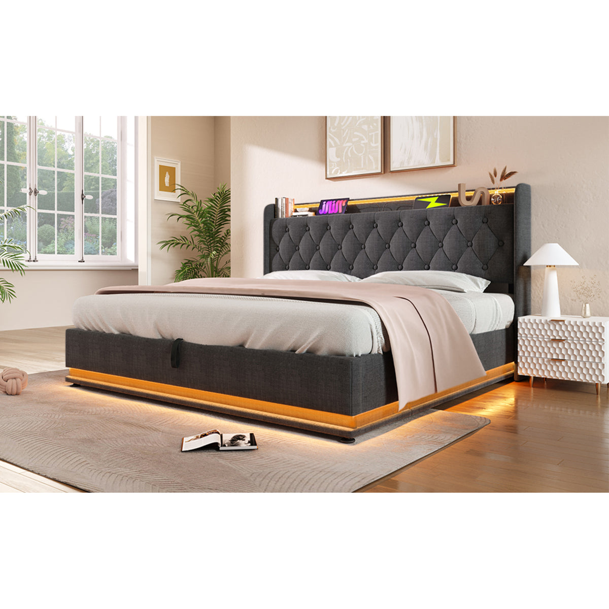 variant-group:rf-n736p188808g|Roomfitters King Size Upholstered Storage Bed with USB Type-C Charging and Remote Control, Linen Gray