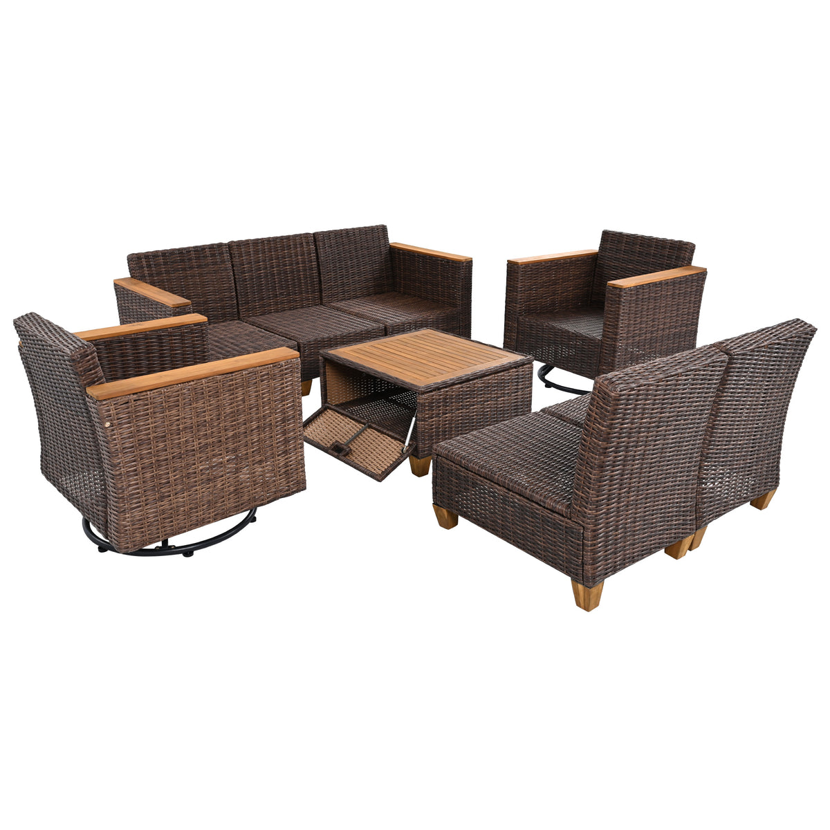 variant-group:rf-n707s005016e|Roomfitters 8-Piece Patio Furniture Set with 360 Swivel Rocker Chairs, Modular Outdoor Sectional Sofa & Table, Blue+Brown