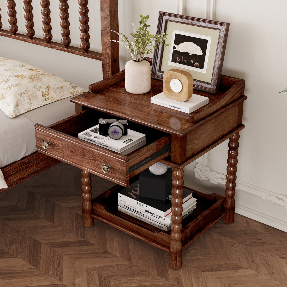 variant-group:rf-n733p206240d|Roomfitters Retro Style Bedside Table with Storage and Open Shelf, Turned Legs, and Metal Handle, Walnut