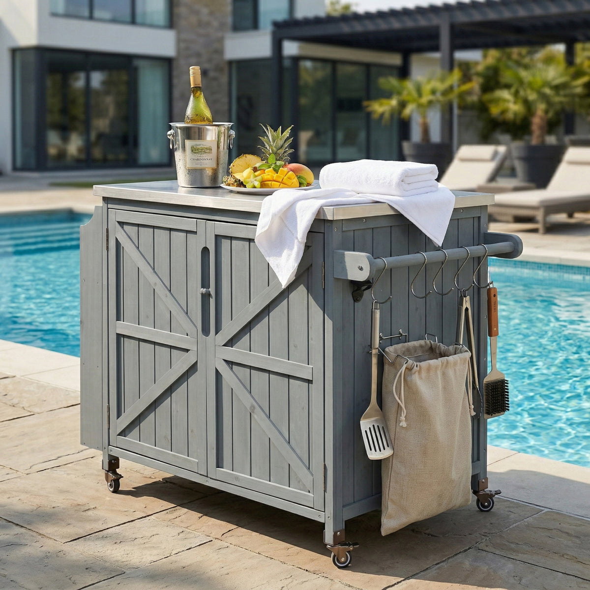 variant-group:rf-n707p370287g|Roomfitters 42.1" Grill Cart, Outdoor Kitchen Island with Stainless Steel Top, BBQ Prep Station with Spice Rack, Grey+Blue
