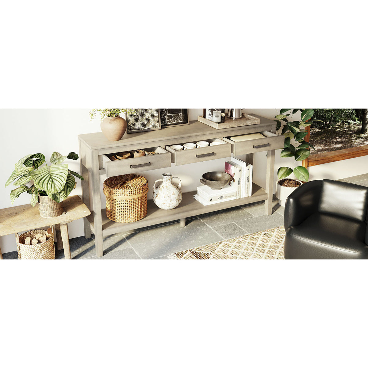 variant-group:rf-n711p410445e|Roomfitters 59.1" Farmhouse Entryway Table with 3 Drawers, Slim Console Sofa Table with Open Shelf for Hallway, Gray