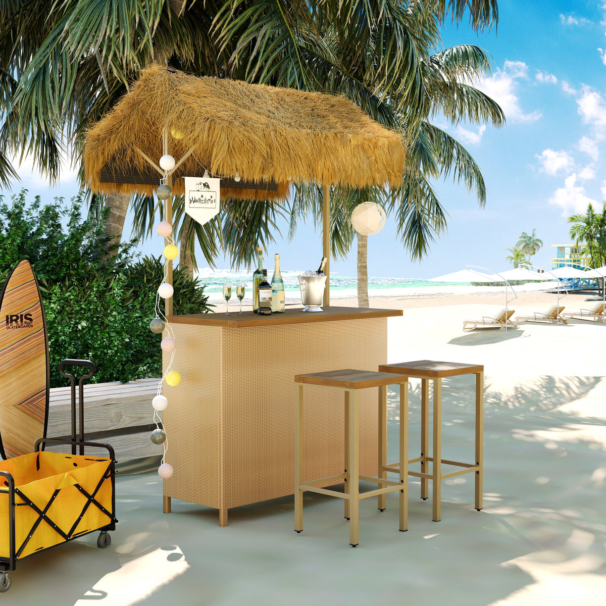 Roomfitters Bar Height Patio Set with PE Grass Canopy, Outdoor Bar Table and Stools, Hawaiian-style Acacia Wood Top, Natural Roomfitters