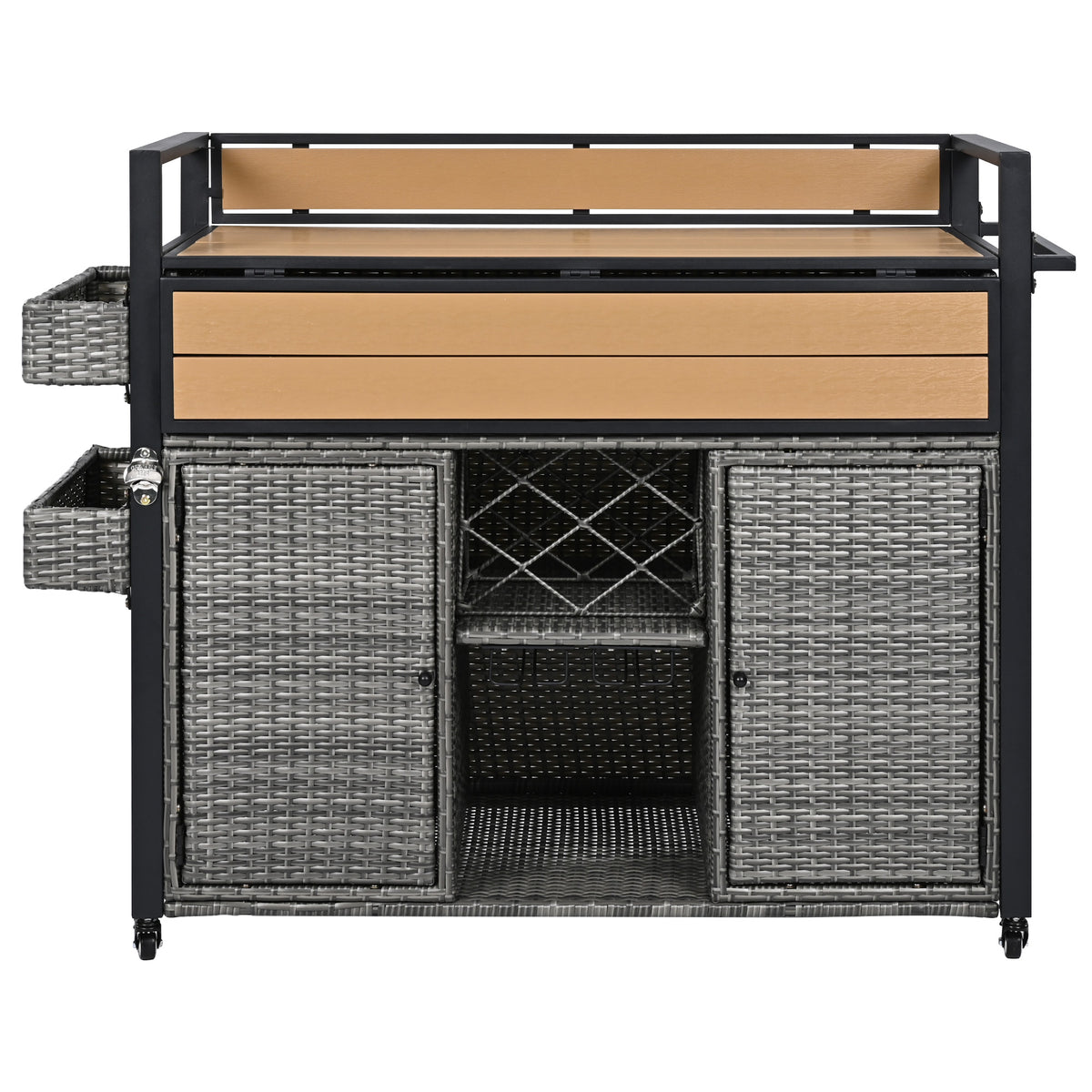 variant-group:rf-n707p233747g|Roomfitters 52.8" Wicker Outdoor Grill Cart with Plastic Wood Table, Rolling Island with Storage Cabinet, Double Handles, Grey