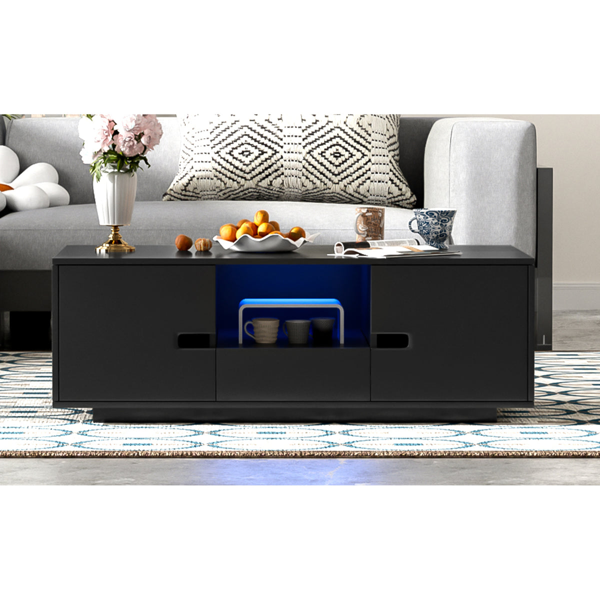 variant-group:rf-n724p294656b|Roomfitters Modern Glossy Coffee Table with Storage Space and Light Accent, Rectangle Center Table for Living Room, Black