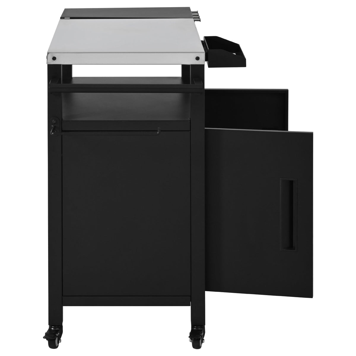 Roomfitters Grill Cart with Stainless Steel Top, Outdoor Kitchen Island, BBQ Prep Station with Trash Bag Holder and Hooks, Black