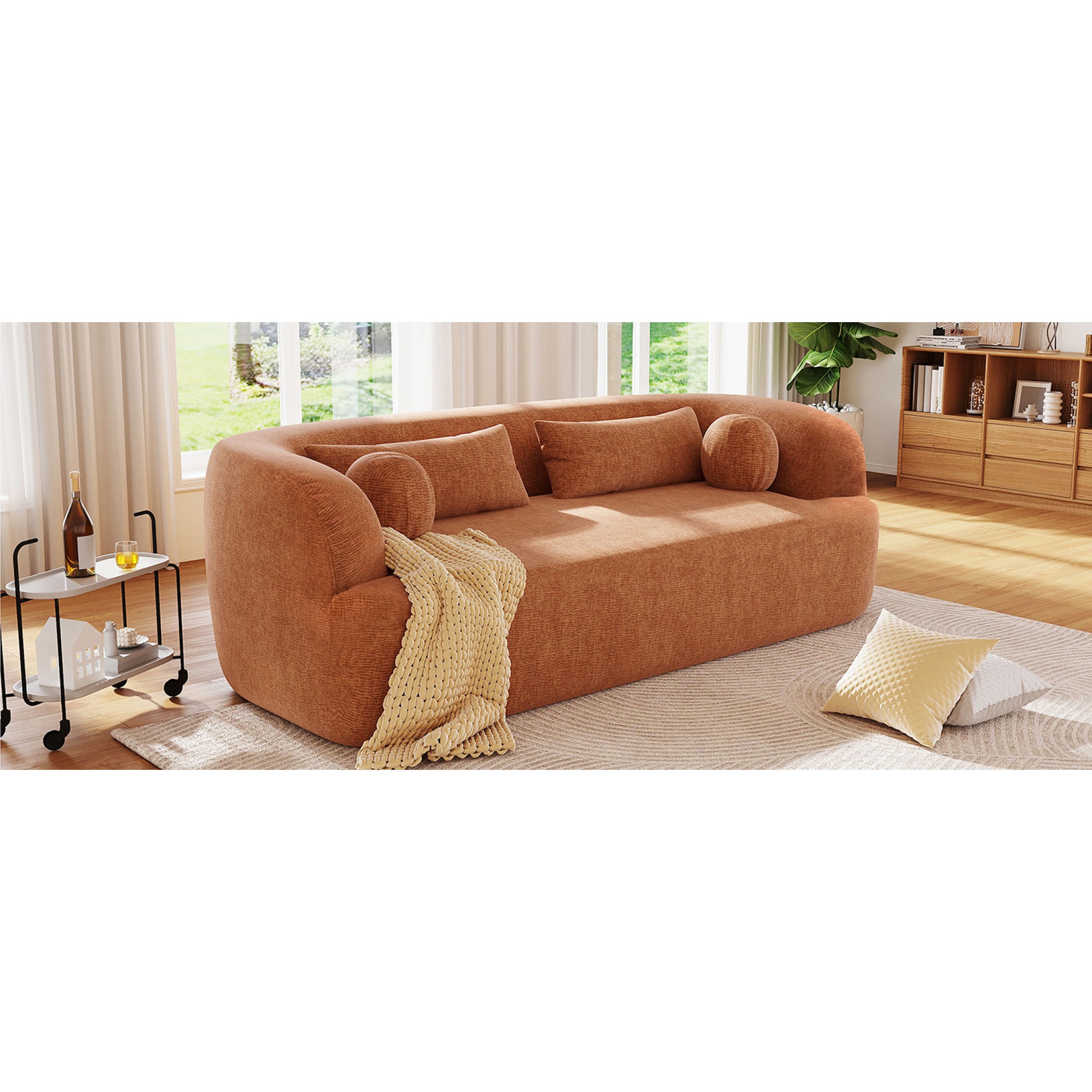 variant-group:rf-n723p404465g|Roomfitters 86 Inch Modern Curvy Sofa, 3-Seater Rounded Upholstered Couch with Plush Throw Pillows for Living Room, Orange