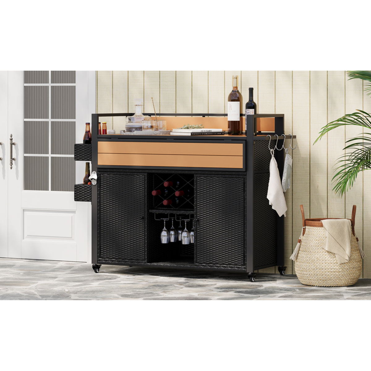 variant-group:rf-n707p233747b|Roomfitters 52.8" Wicker Outdoor Grill Cart with Plastic Wood Table, Rolling Island with Storage Cabinet, Double Handles, Black Brown