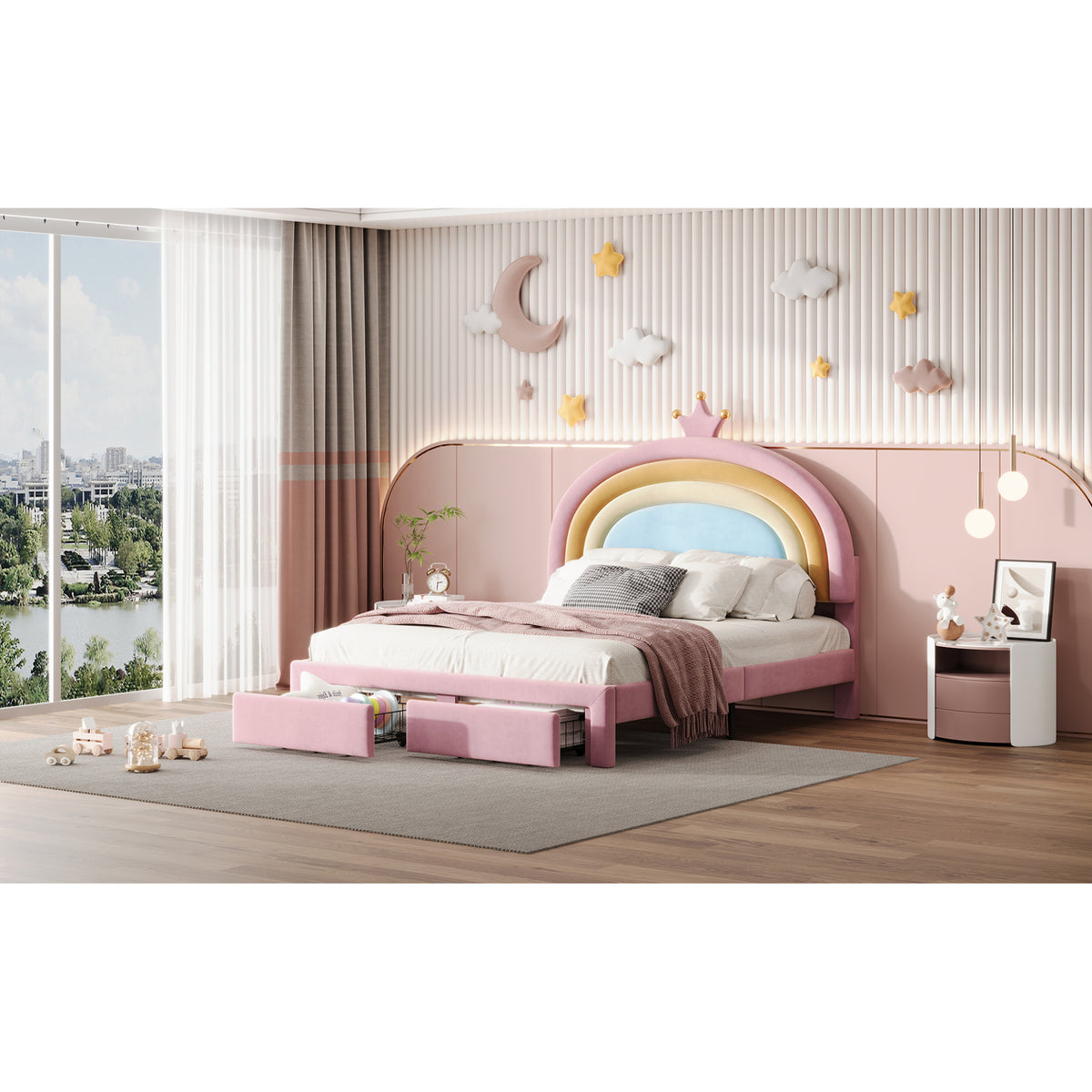 variant-group:rf-n733p234609h|Roomfitters Full Size Upholstered Rainbow Design Bed, Velvet Princess Platform Bed with Storage Drawer, No Box-spring Needed, Colorful & Pink