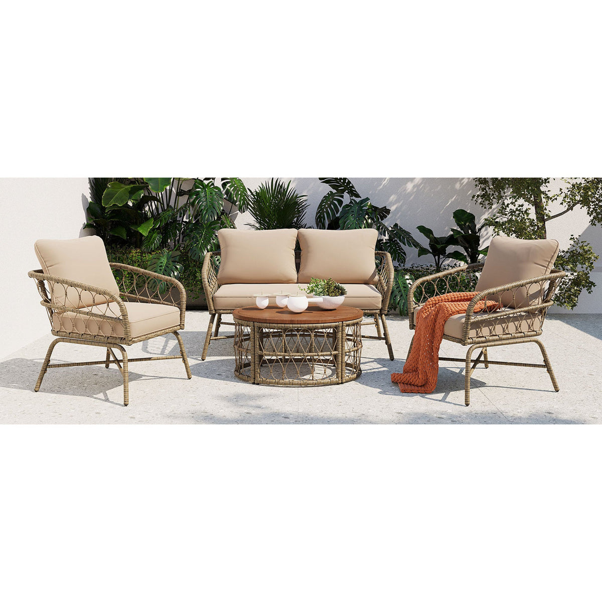 Roomfitters Bohemia-Inspired 4-Person Outdoor Seating Group with Removable Cushions, Conversation Patio Set with Wood Tabletop, Beige Roomfitters