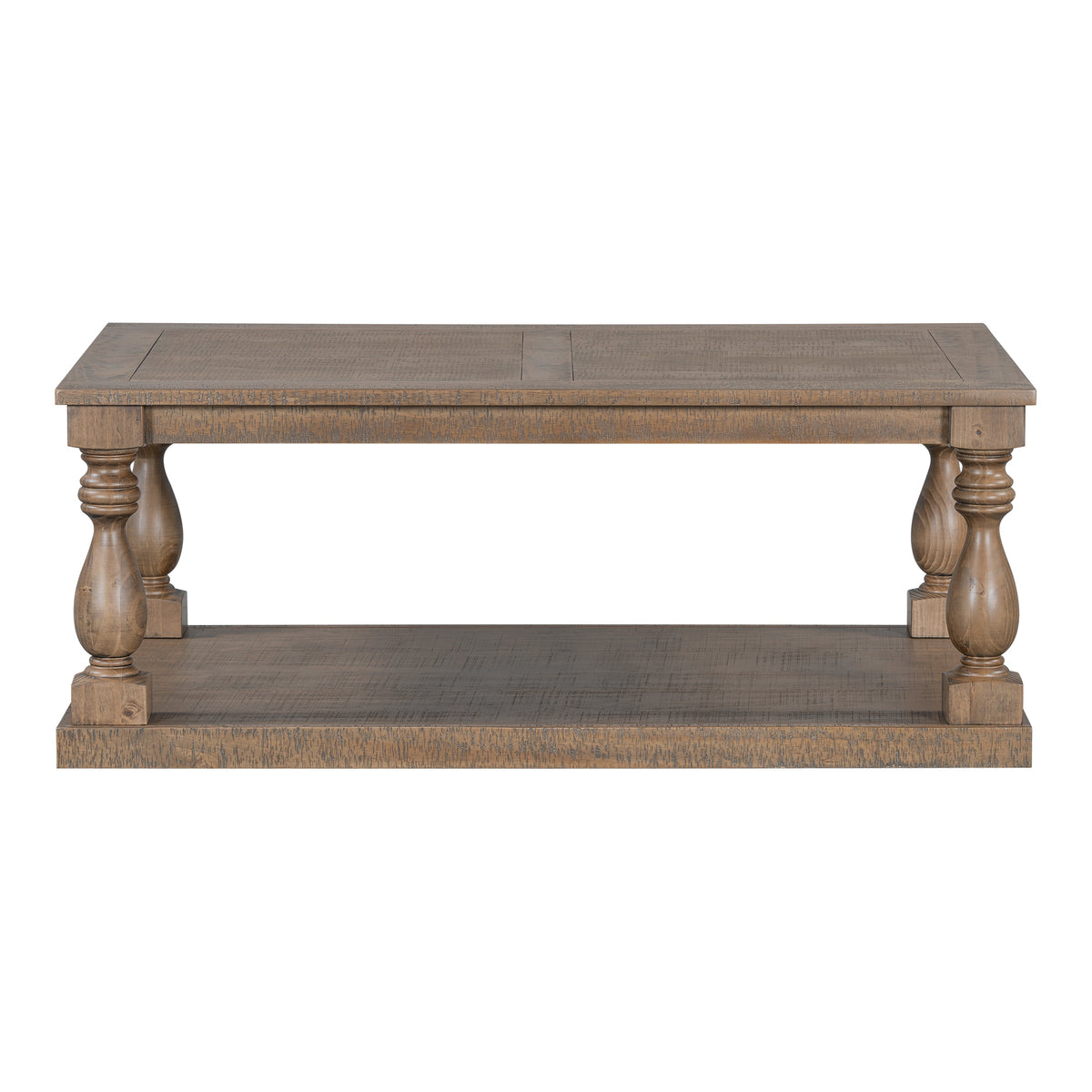 variant-group:rf-n711p407149d|Roomfitters Vintage Brown Pine Wood Coffee Table, Sculpted Vase Column Leg Cocktail Table, Living Room Statement Stand