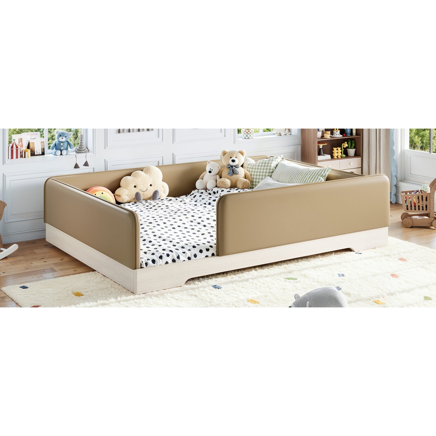 variant-group:rf-w1580s00672|Roomfitters Queen Size Upholstered Floor Bed Frame with Removable Guardrails, Faux Leather Low Profile Platform, Brown