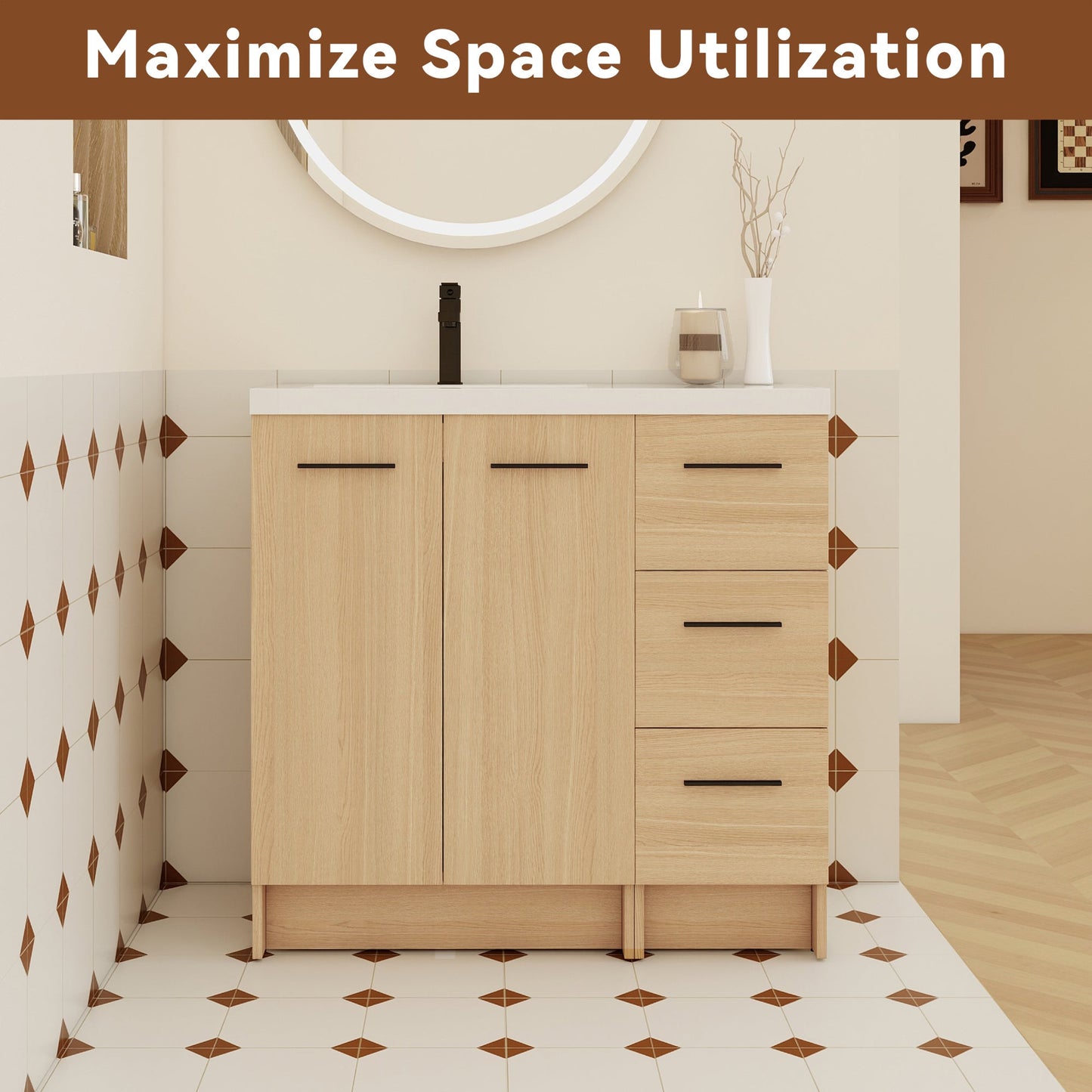 36" Modular Freestanding Bathroom Vanity with 36" Resin Sink Top, Light Oak, 2-Piece Cabinet (24" 2-Door + 12" 3-Drawer), KD Cabinet, Includes Black & Brushed Aluminum Handles Roomfitters