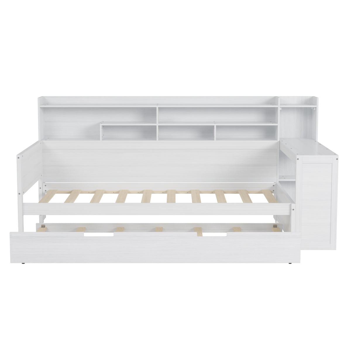 variant-group:rf-n733s373389k|Roomfitters Twin Daybed with Trundle, Storage Shelves and Desk, Wooden Multi-Functional Bed, Antique White