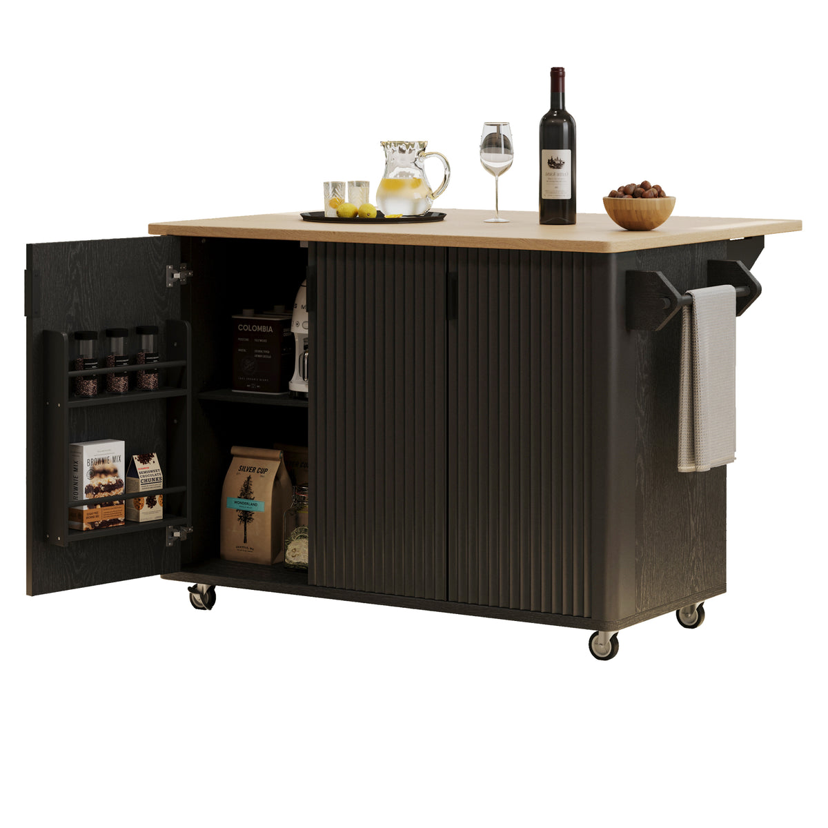 variant-group:rf-n707p221446b|Roomfitters 51" Fluted Kitchen Island with Drop Leaf, Rolling Cart with Storage Rack, Farmhouse Style, Towel Rack, Black