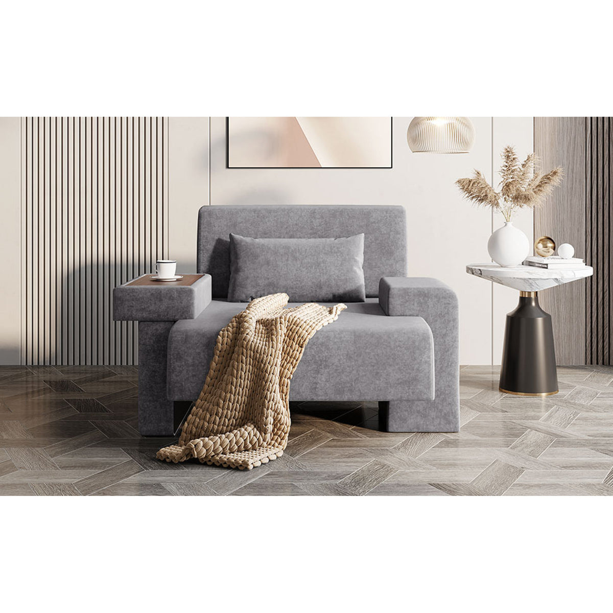 variant-group:rf-n724sj000130aae|Roomfitters Oversized Mid-Century Armchair 48” Wide with Soft Cushion and Wood Frame, Lounge Reading Chair, Gray