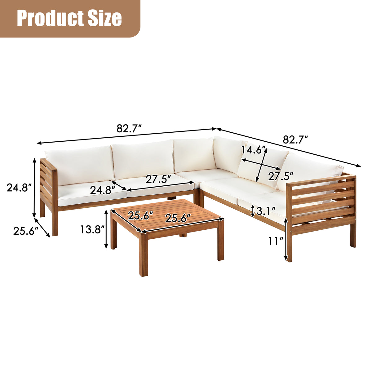 variant-group:rf-n704g201207a|Roomfitters 3-Piece Outdoor Sectional Sofa Set with Coffee Table, Solid Wood Frame L-Shaped Patio Furniture, Beige