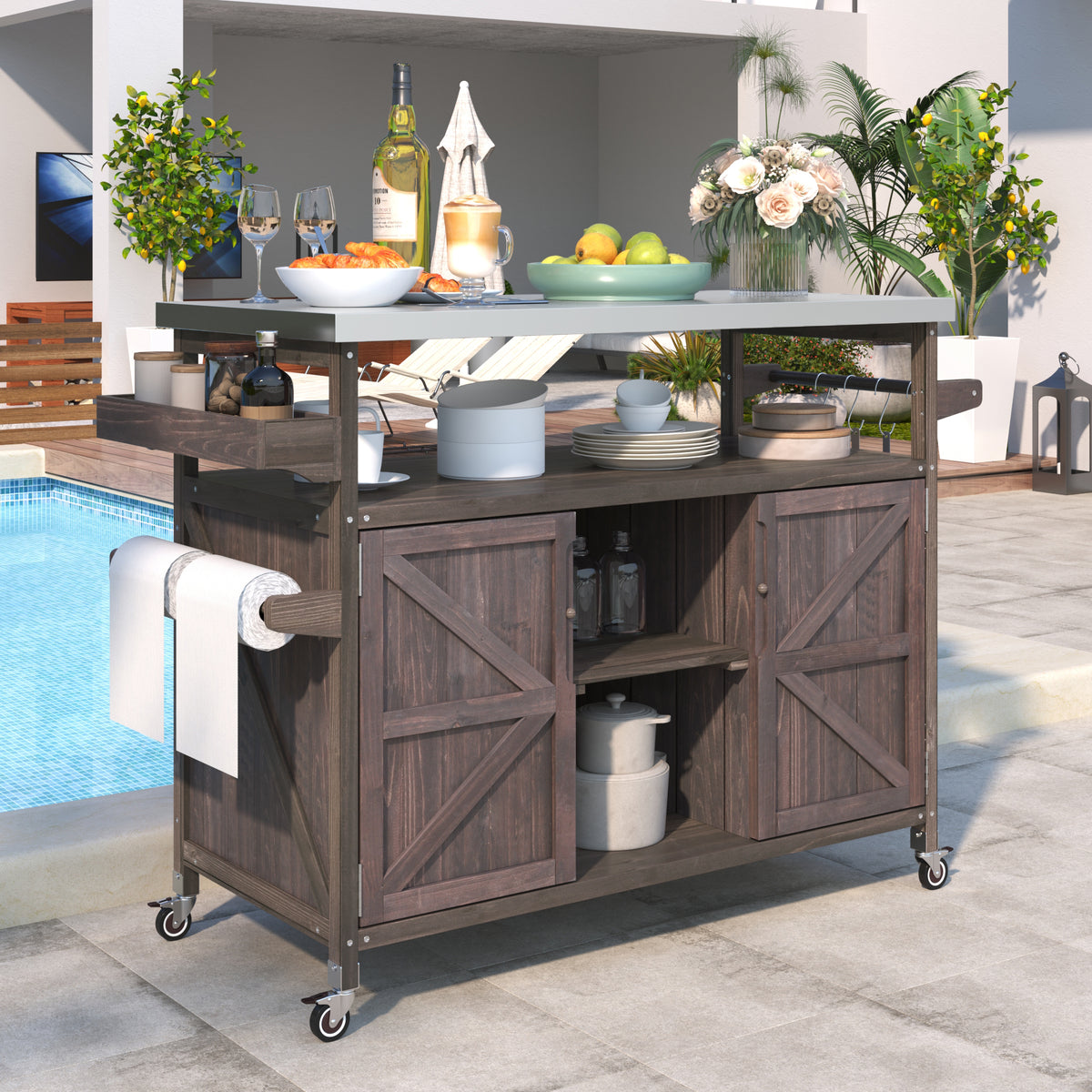 variant-group:rf-n707wf532198aaz|Roomfitters Outdoor Kitchen Island Rolling Bar Cart & Storage Cabinet, Farmhouse Solid Wood Outdoor Grill Table with Stainless Steel Top, Spice Rack, Towel Rack for Kitchen & Barbecue, Dark Brown