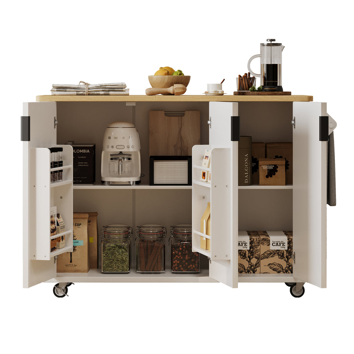 variant-group:rf-n707p221446w|Roomfitters 51" Fluted Kitchen Island with Drop Leaf, Rolling Cart with Storage Rack, Farmhouse Style, Towel Rack, White