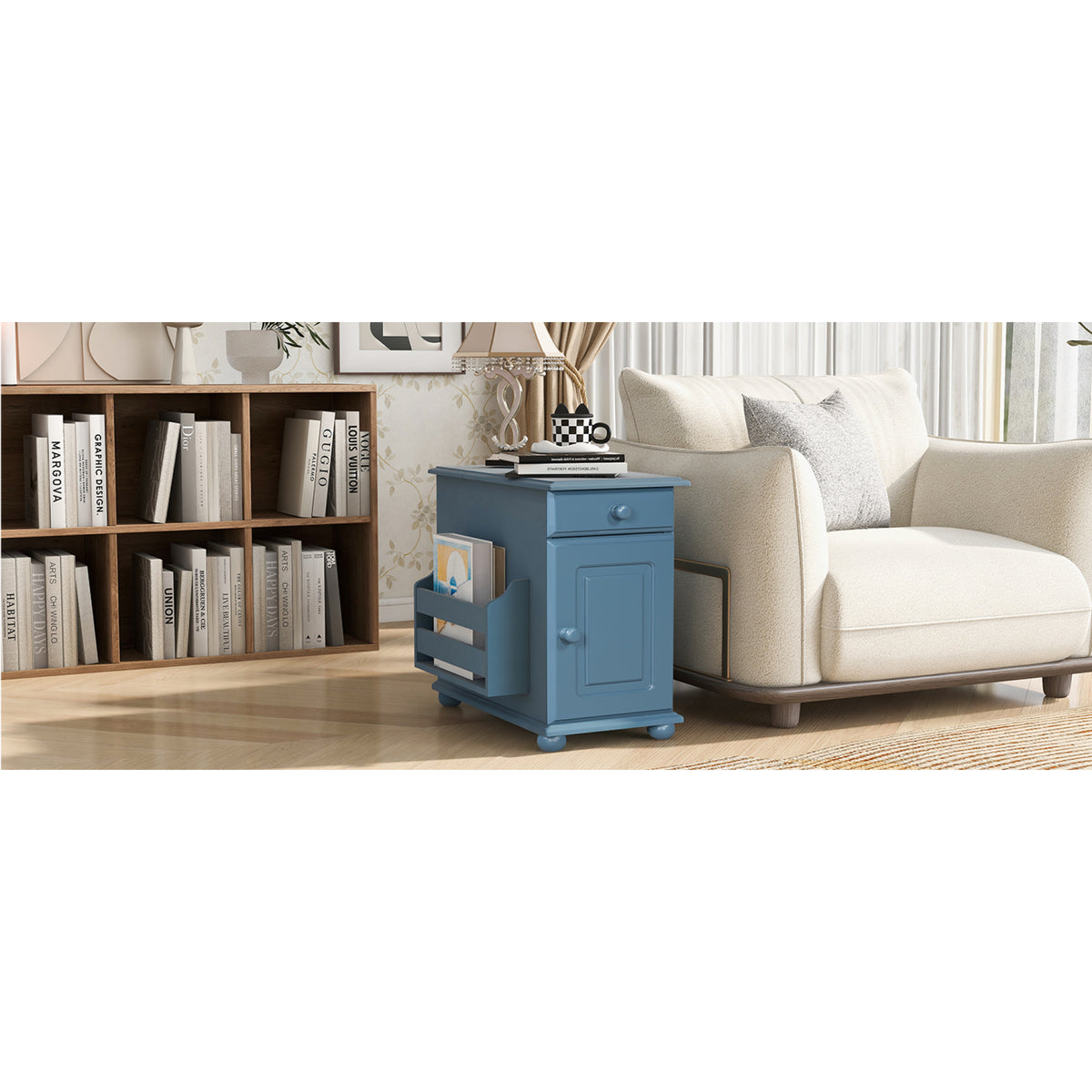variant-group:rf-n724p293133m|Roomfitters Vintage Sofa Side Table with USB Ports, Flip Top, Cup Holders and Bookshelf Storage for Small Spaces, Navy Blue