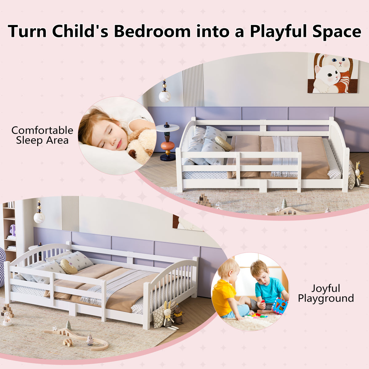 variant-group:rf-n733p400298k|Roomfitters Twin Montessori Floor Bed with Guardrails, Solid Wood Low Platform Bed with Slats, Easy Assembly, White