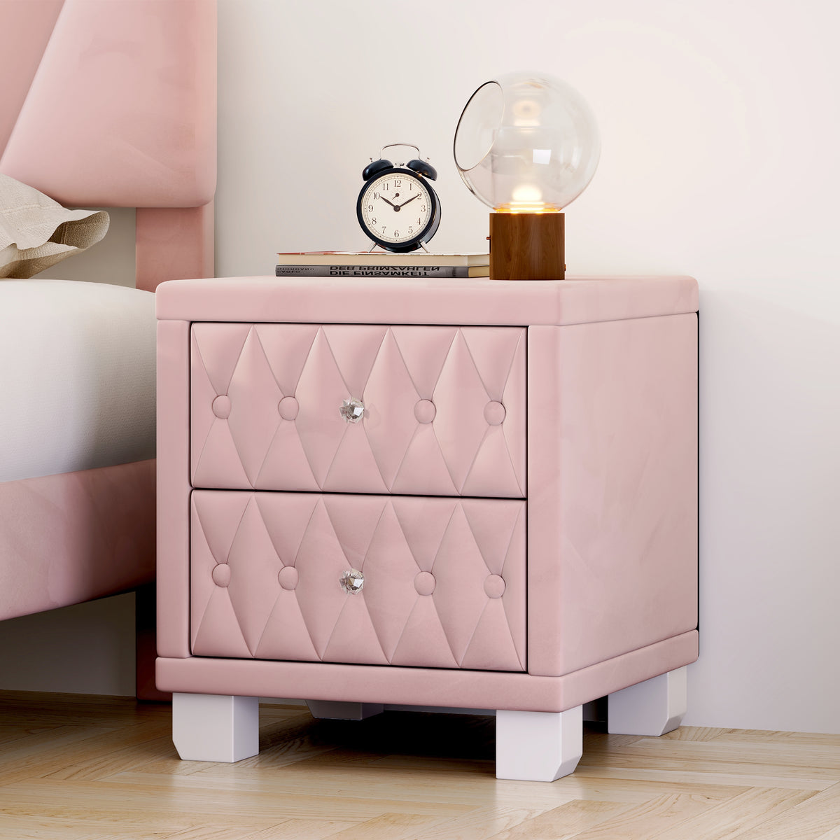 variant-group:rf-n733p210398h|Roomfitters Velvet Nightstand with Crystal Handles, Button-Tufted Upholstered Bedside Table with Two Storage Compartments, Pink