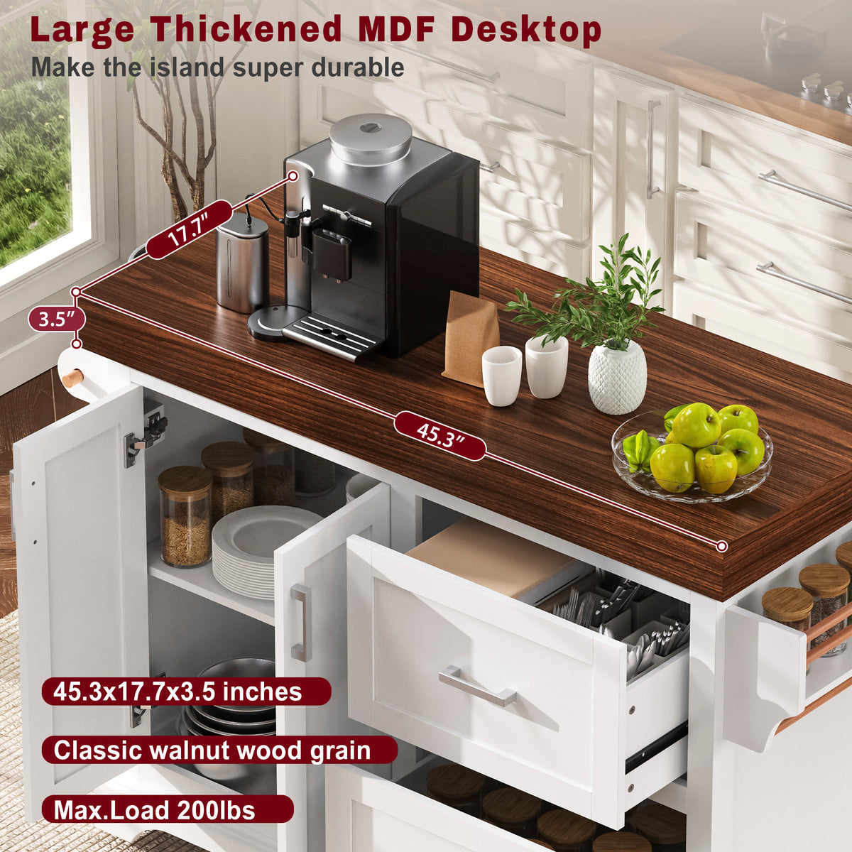 variant-group:rf-n707s000025w|Roomfitters 53" Kitchen Island with Butcher Block Top, Storage Cabinet with Drawers, Spice Rack and Towel Holder, White