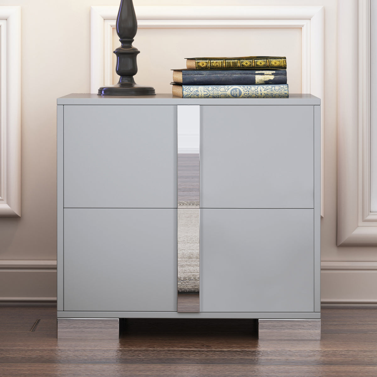 variant-group:rf-n733p307938g|Roomfitters Elegant Mirrored Nightstand with 2 Drawers and Metal Handle, Bedside Table for Bedroom or Living Room, Gray