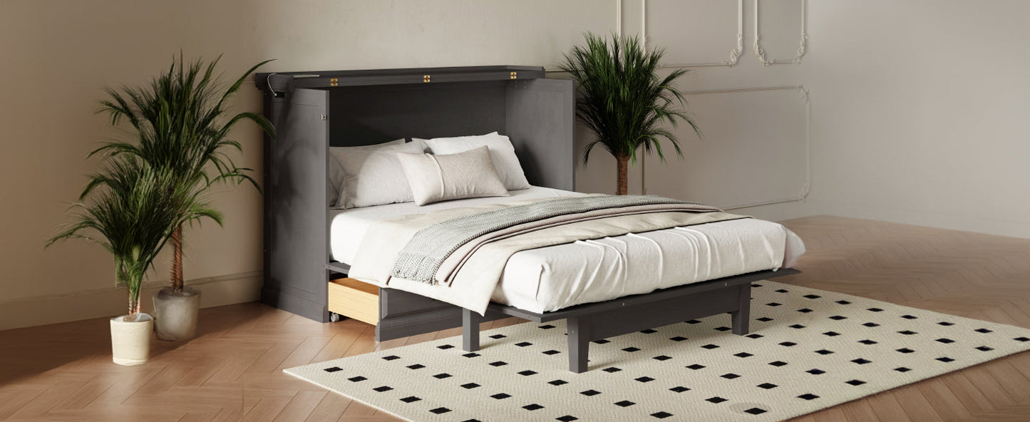 Roomfitters Full Size Solid Wood Murphy Bed Chest Cabinet, Farmhouse Wall Bed Charging Station Storage Drawer, Grey Roomfitters