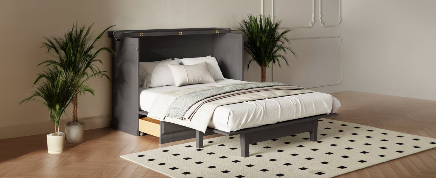 Roomfitters Full Size Solid Wood Murphy Bed Chest Cabinet, Farmhouse Wall Bed Charging Station Storage Drawer, Grey Roomfitters