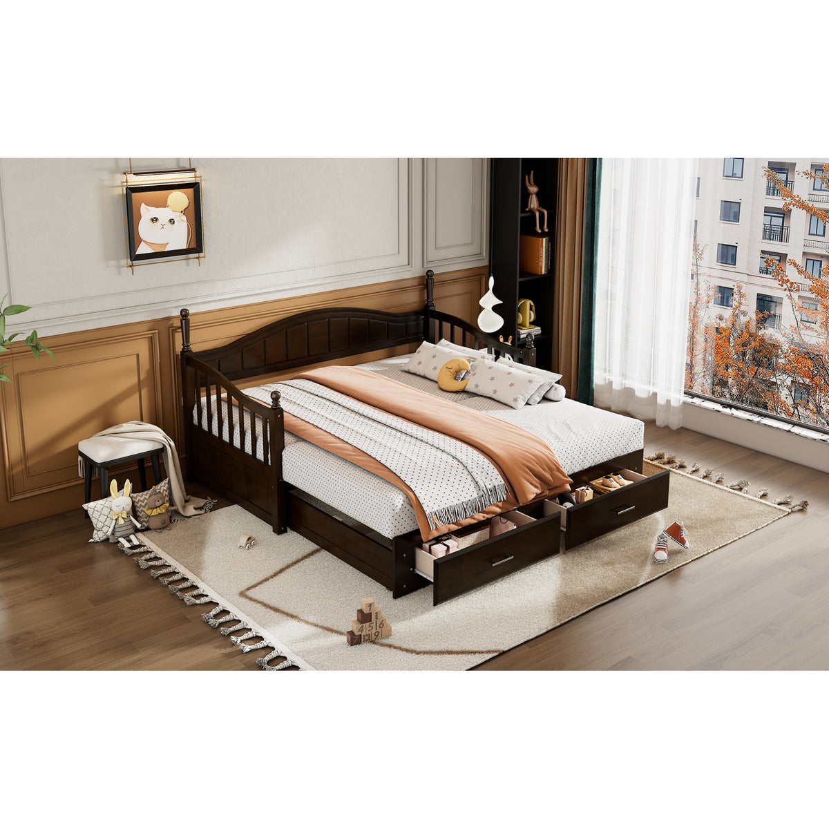 variant-group:rf-n733s173459p|Roomfitters Wooden Twin Size Daybed with Expandable Design, Twin Trundle and Two Practical Storage Drawers, Espresso