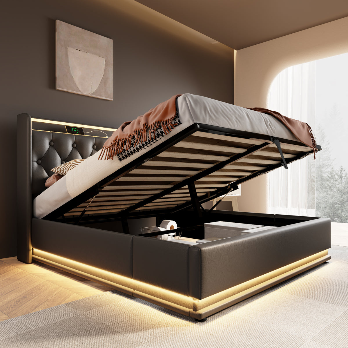 variant-group:rf-n736p188807b|Roomfitters Queen Size Upholstered Storage Bed with USB Type-C Charging and Remote Control, Faux Leather Black