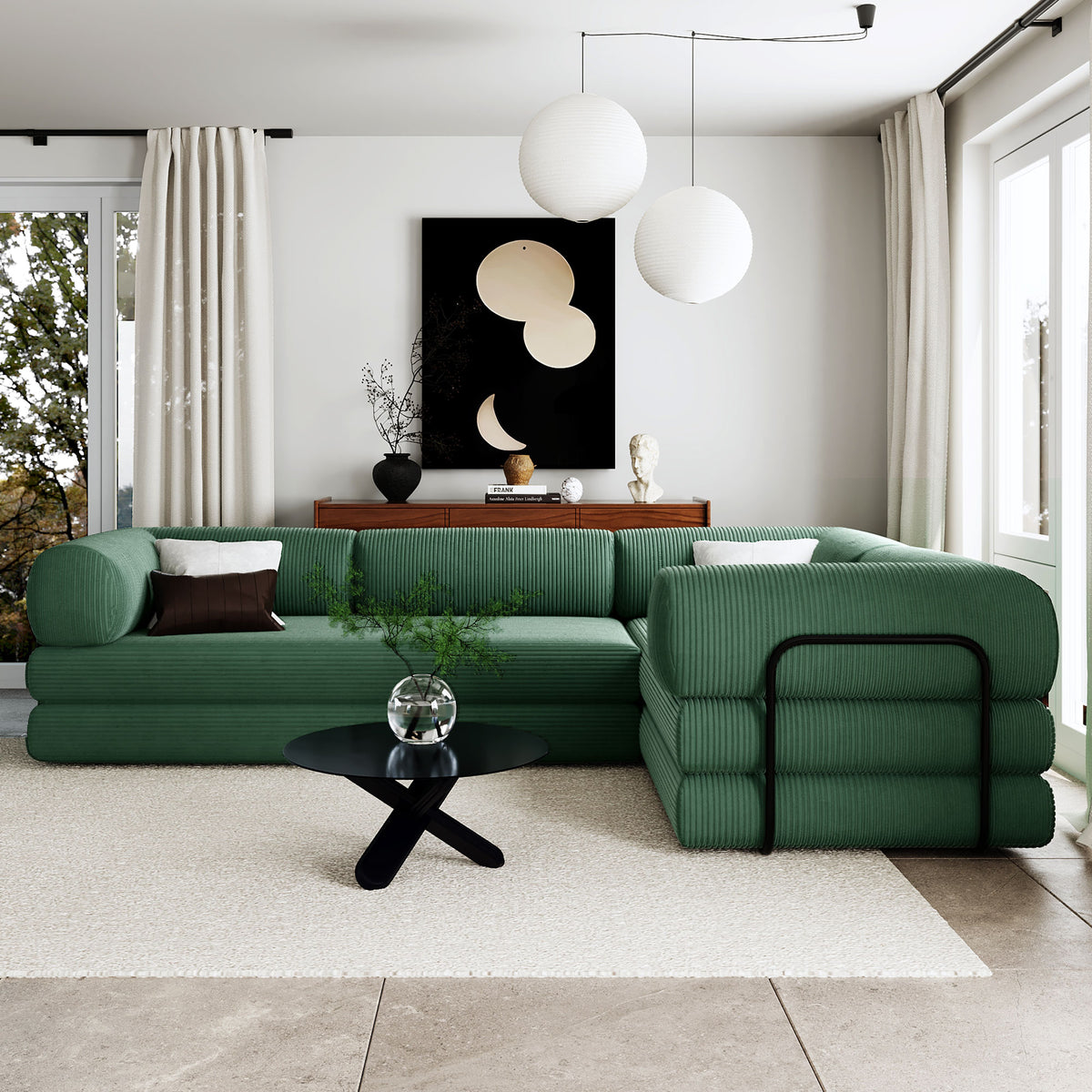 variant-group:rf-n711wy000463aac|Roomfitters Modern L-Shaped Modular Sofa Bed, Corduroy Convertible Sleeper Sectional Couch with Industrial Metal Frame, Green