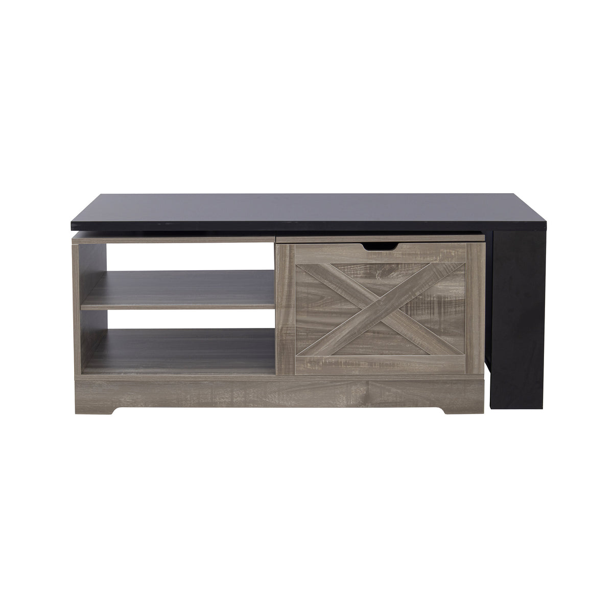 variant-group:rf-n724p351732e|Roomfitters Farmhouse Lift Top Coffee Table with Barn Doors and Outlets, Brown & Black
